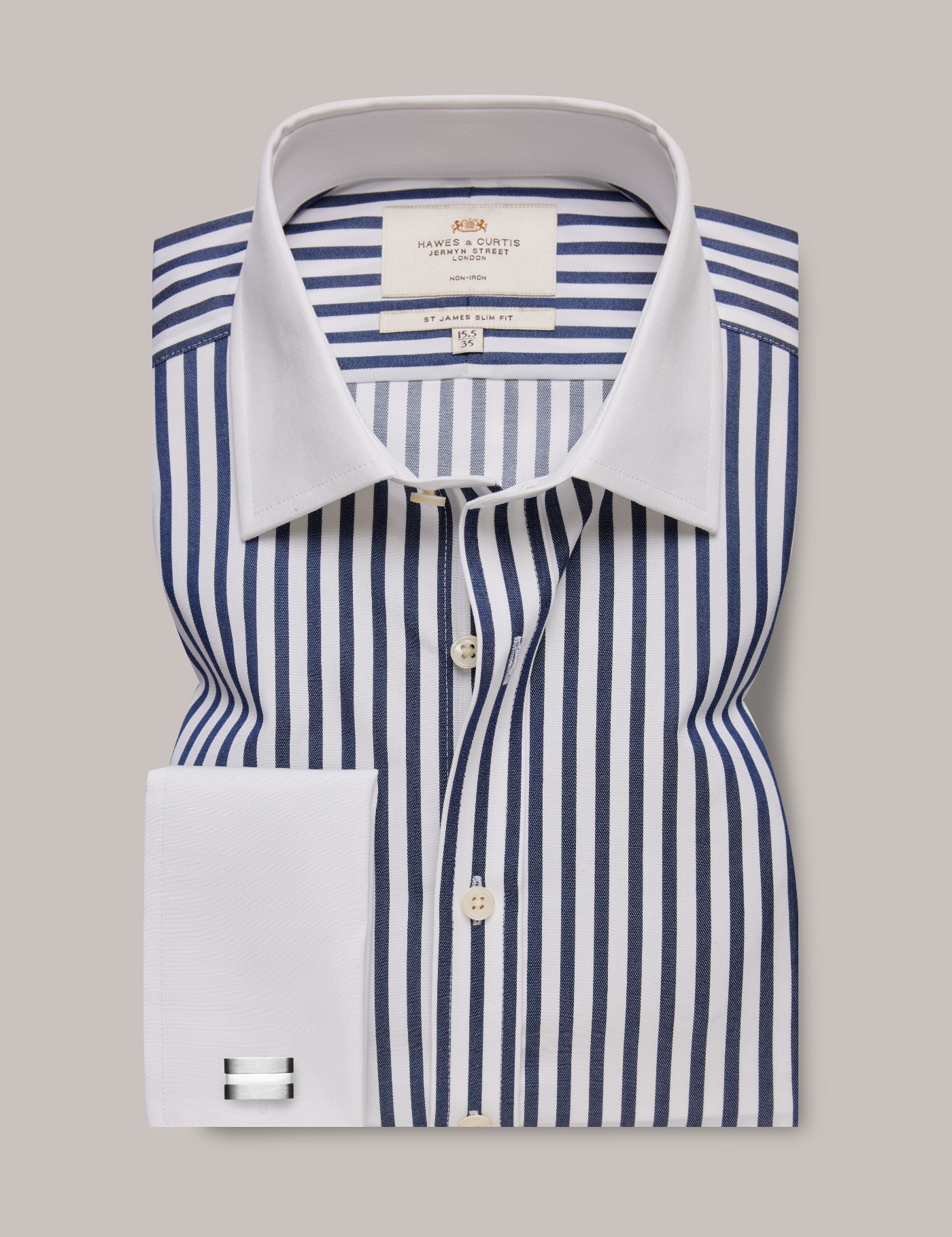 Non Iron Navy & White Bold Stripe Slim Fit Shirt With White Collar And ...