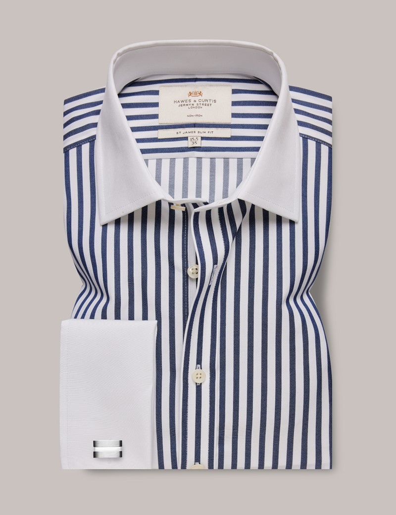 Non Iron Navy & White Bold Stripe Slim Fit Shirt With White Collar and ...