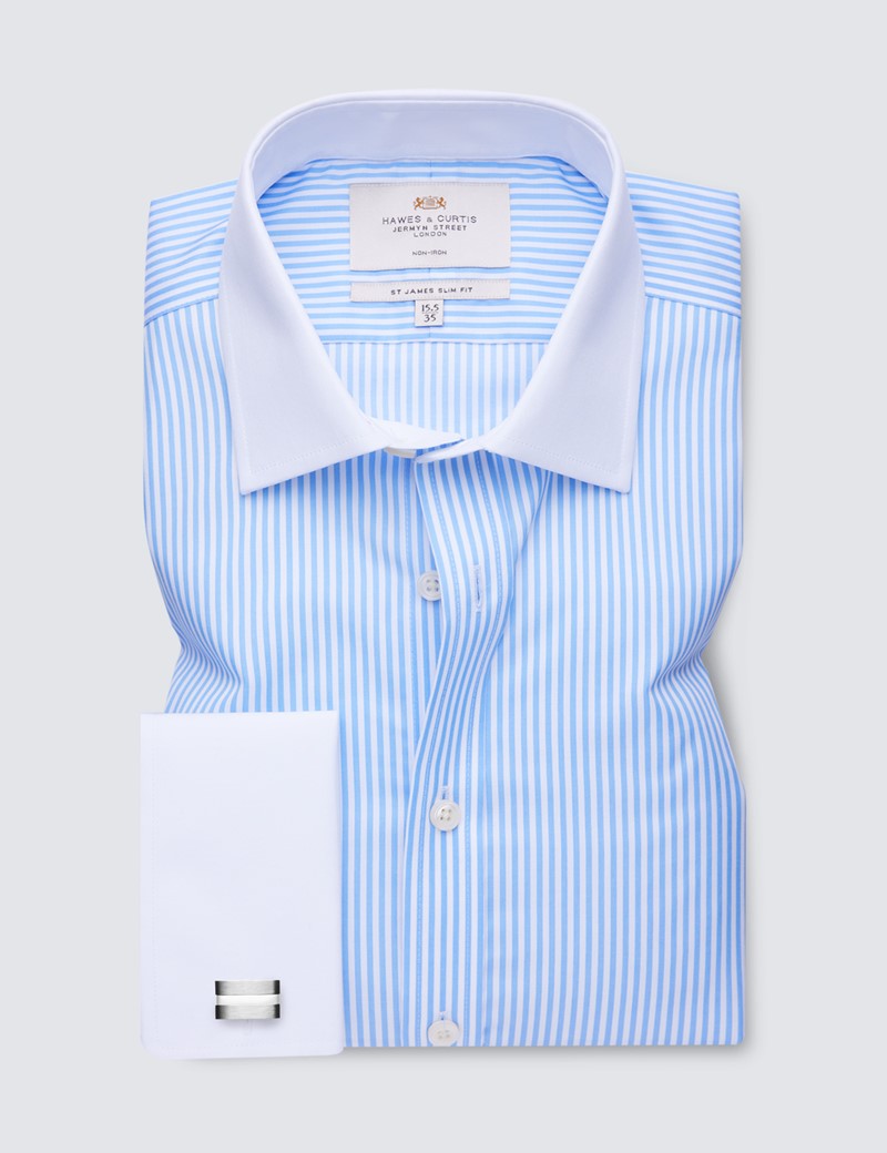 Non Iron Blue & White Bengal Stripe Slim Fit Shirt - Semi Cutaway Collar - Double Cuffs 
