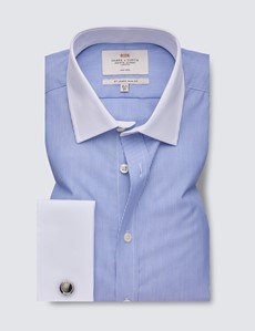Non Iron Blue & White Stripe Slim Fit Shirt With White Collar & Cuffs 