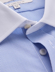Non Iron Blue & White Stripe Slim Fit Shirt With White Collar & Cuffs 