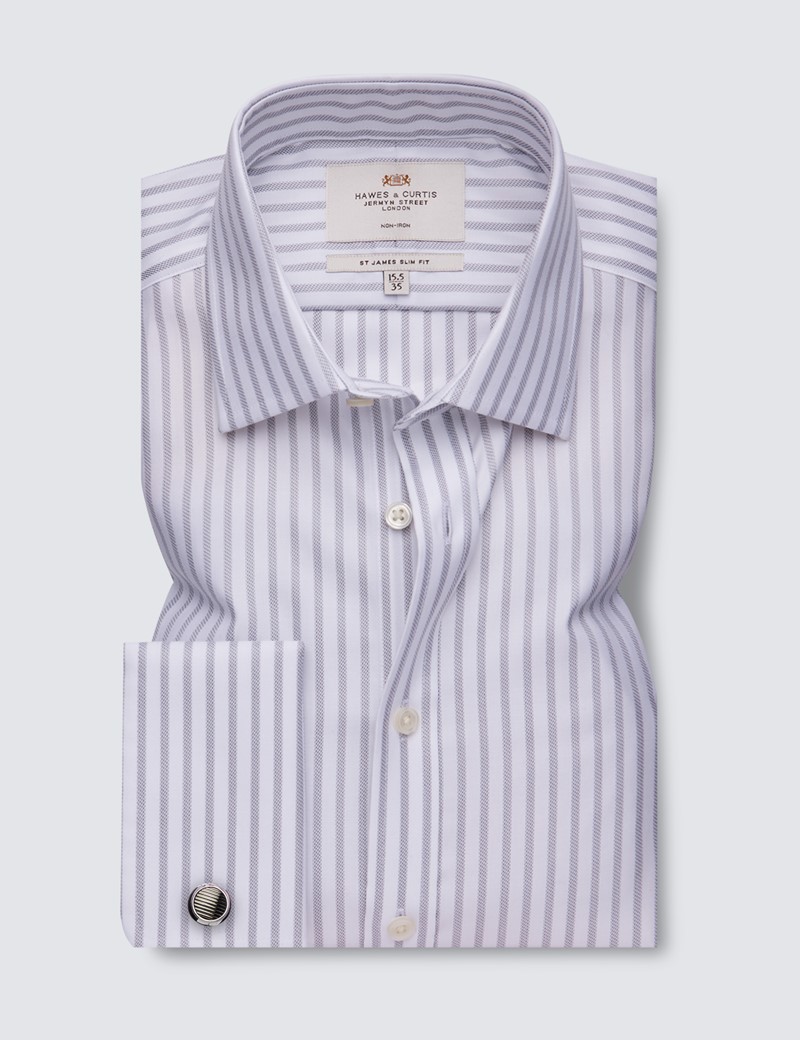 Non Iron Grey & White Textured Stripe Slim Fit Shirt With Semi Cutaway Collar - Double Cuffs 