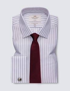 Non Iron Grey & White Textured Stripe Slim Fit Shirt With Semi Cutaway Collar - Double Cuffs 