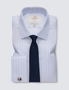 Non Iron Blue & White Stripe Relaxed Slim Fit Shirt With Semi Cutaway Collar - Double Cuffs 