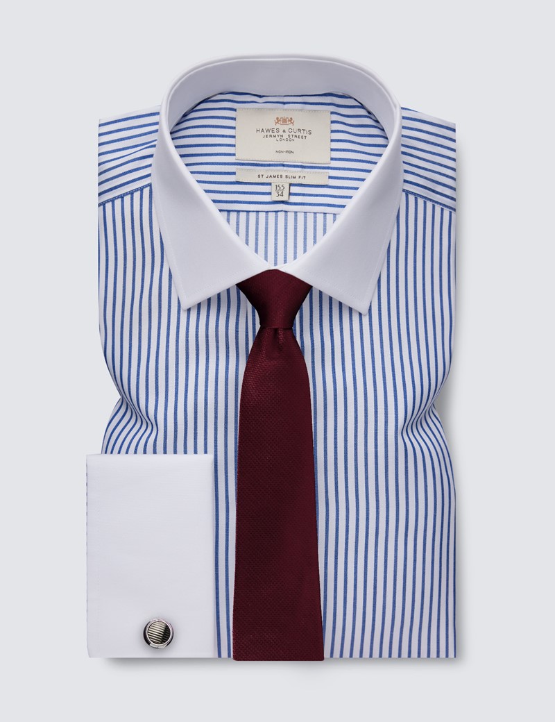 Non Iron Navy & White Stripe Relaxed Slim Fit Shirt With White Collar - Double Cuffs