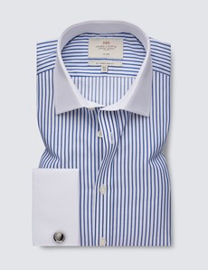 Non Iron Navy & White Stripe Relaxed Slim Fit Shirt With White Collar - Double Cuffs