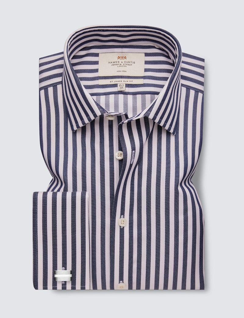 Non Iron Navy & White Bold Stripe Relaxed Slim Fit Shirt - Double Cuffs