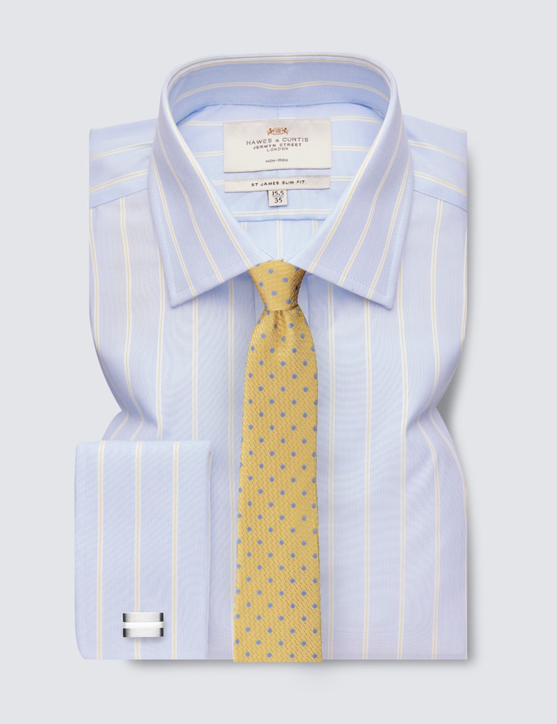 Bügelfreies Businesshemd – Slim Fit – Manschetten – blau gelb fein gestreift