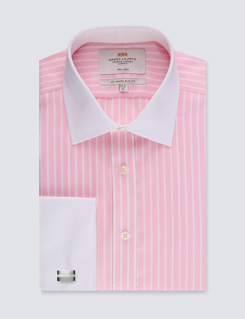 Men's Dress Pink & White Stripe Slim Fit Shirt With White Collar & Cuff ...