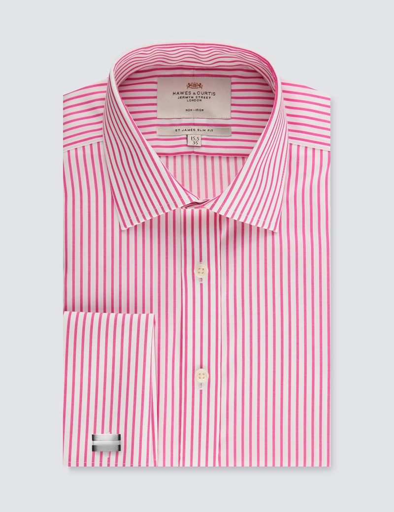 Men's Dress Pink & White Stripe Slim Fit Shirt - French Cuff - Non Iron ...