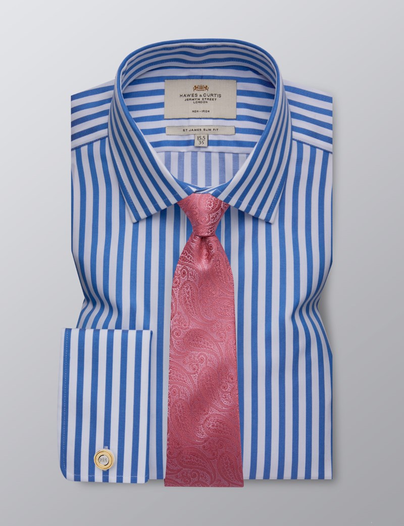 Men's Dress Blue & White Stripe Slim Fit Shirt - French Cuff - Non Iron ...