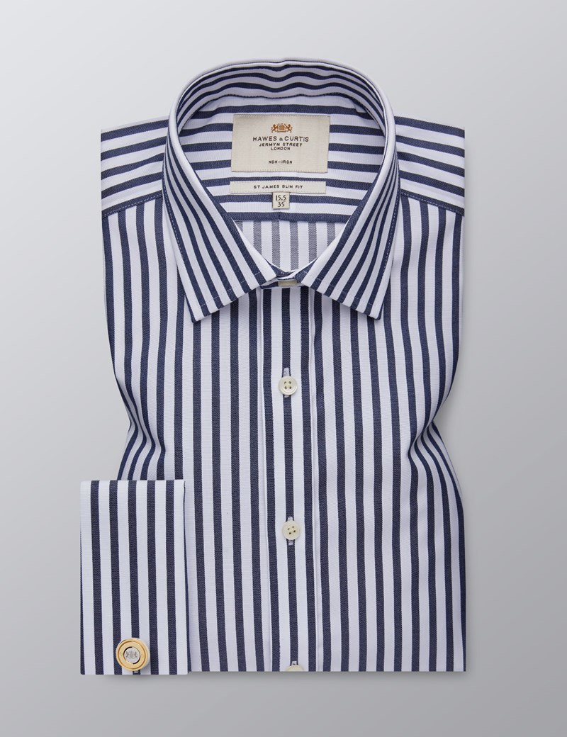 Men's Formal Navy & White Bold Stripe Slim Fit Shirt - Double Cuff ...