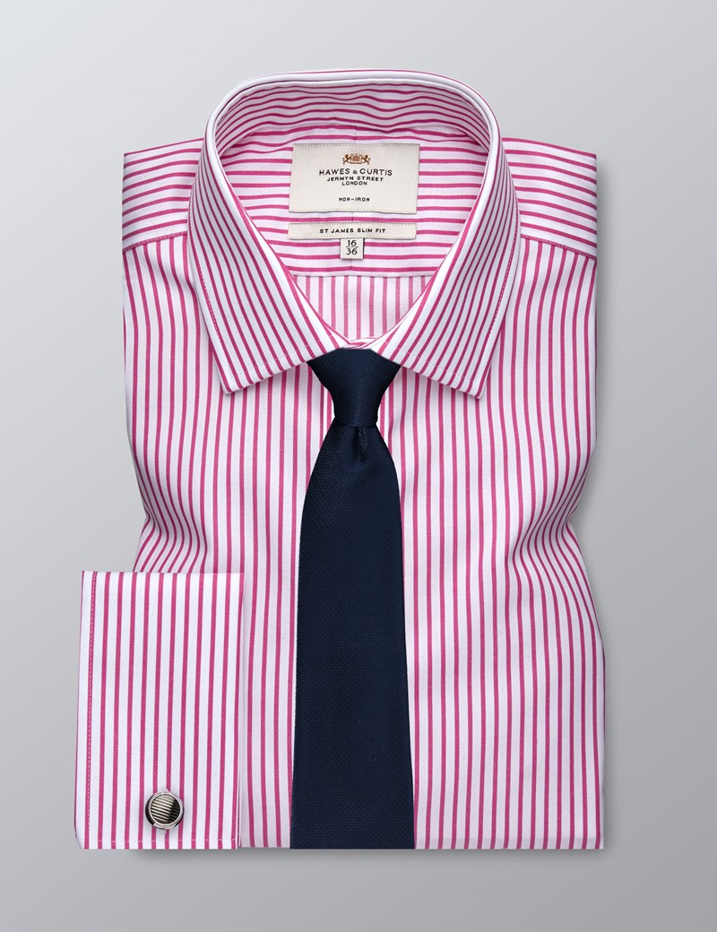 Men's Formal Fuchsia & White Stripe Slim Fit Shirt Double Cuff Non