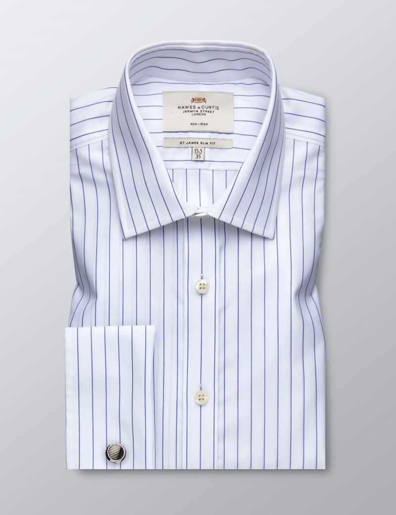 Men's Formal Navy & White Wide Stripe Slim Fit Shirt - Double Cuff ...