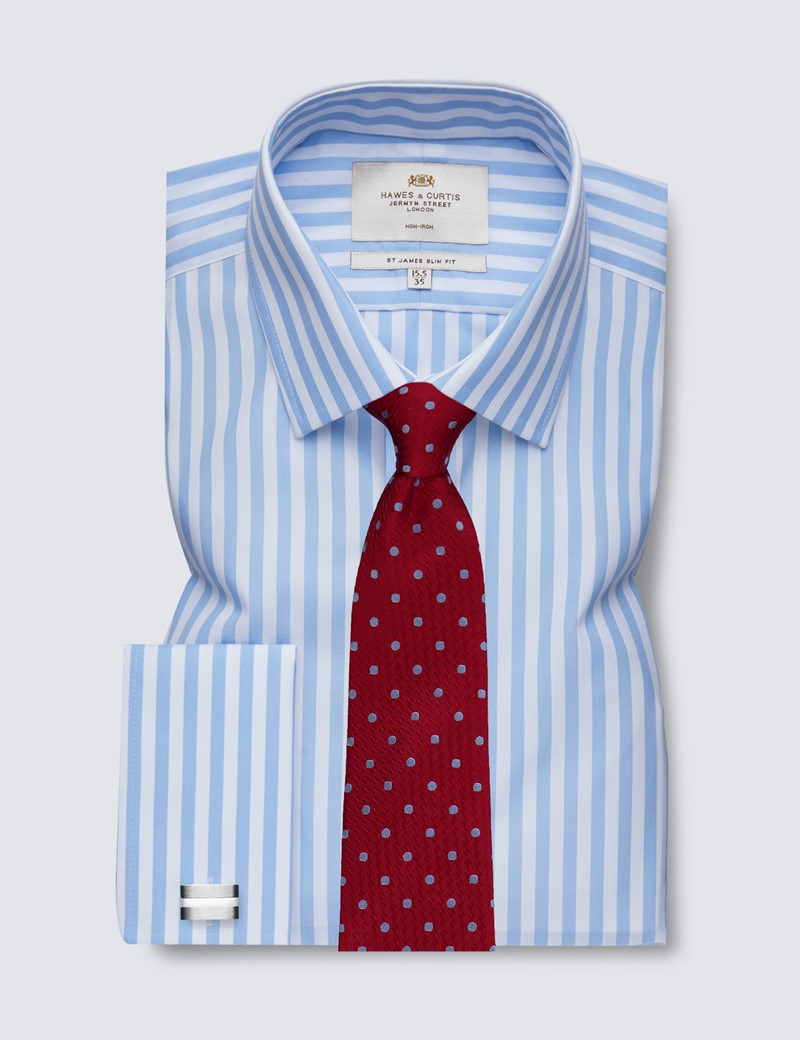 Men's Formal Blue & White Bold Stripe Slim Fit Shirt - Double Cuff - Non Iron