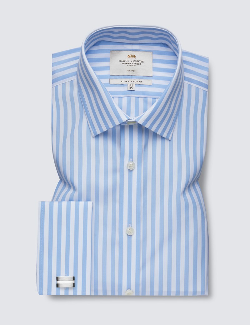 Men's Formal Blue & White Bold Stripe Slim Fit Shirt - Double Cuff - Non Iron