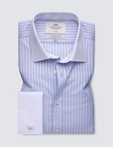 Men's Formal Blue & Pink Multi Stripe Slim Fit Shirt with White Collar and Cuff - Double Cuff - Non Iron