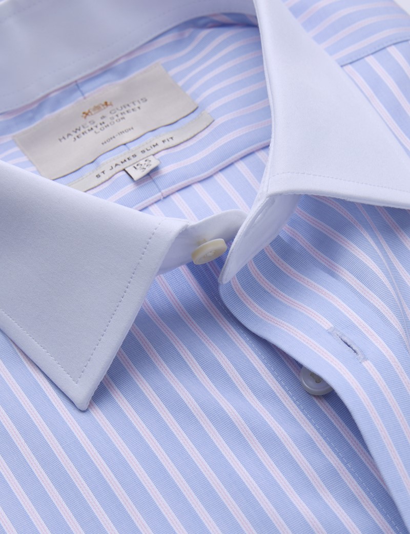 Men's Formal Blue & Pink Multi Stripe Slim Fit Shirt with White Collar and Cuff - Double Cuff - Non Iron
