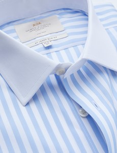 Non Iron Blue & White Bold Stripe Slim Fit Shirt with White Collar and Double Cuff 