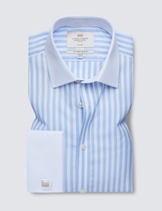 Non Iron Blue & White Bold Stripe Slim Fit Shirt with White Collar and Double Cuff 