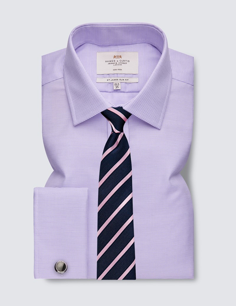 Non Iron Lilac Fabric Interest Relaxed Slim Fit Shirt With Semi Cutaway Collar - Double Cuffs