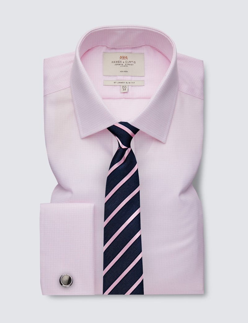 Non Iron Pink Fabric Interest Relaxed Slim Fit Shirt With Semi Cutaway Collar - Double Cuffs