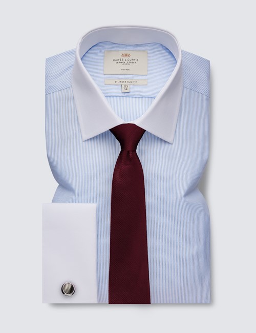 Non Iron Blue & White Fabric Interest Relaxed Slim Fit Shirt With Semi Cutaway Collar - French Cuffs