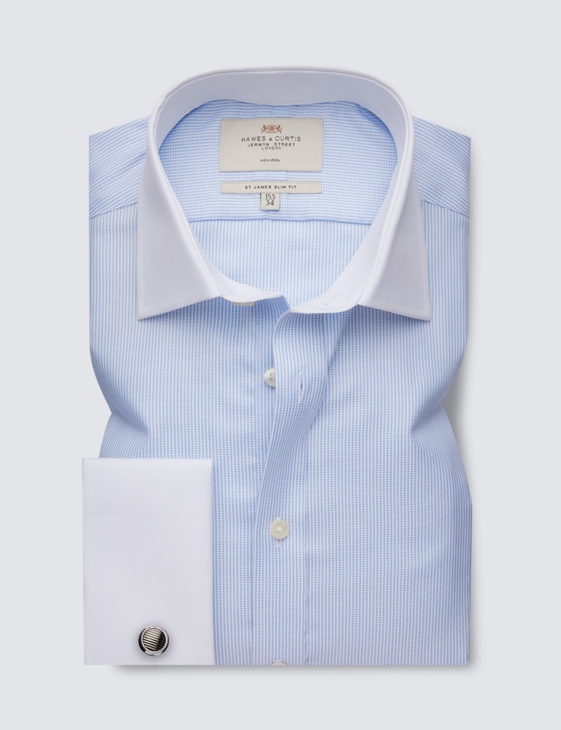 Non Iron Blue & White Fabric Interest Relaxed Slim Fit Shirt With Semi Cutaway Collar - Double Cuffs