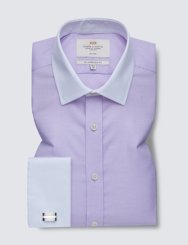Men's Formal Lilac Fabric Interest Slim Fit Shirt with White Collar & Double Cuff - Non Iron