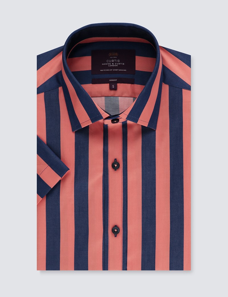 Men's Curtis Navy & Orange Bengal Stripe Cotton Slim Fit Shirt - Short ...