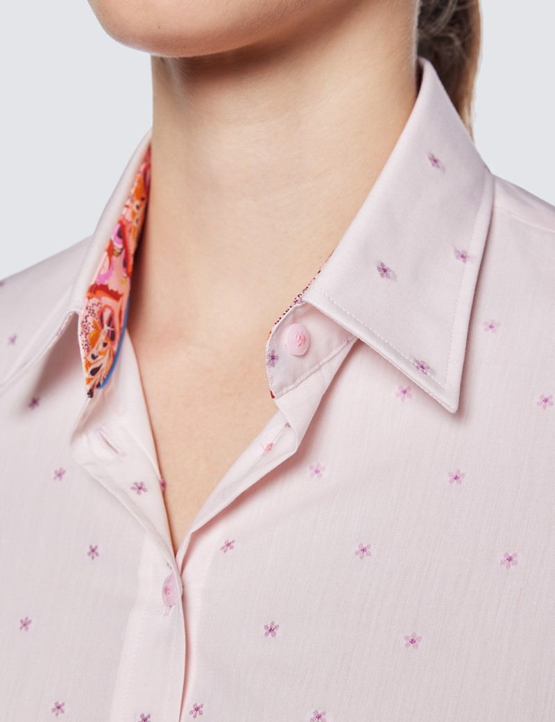Women's Light Pink Floral Dobby Semi Fitted Cotton Shirt