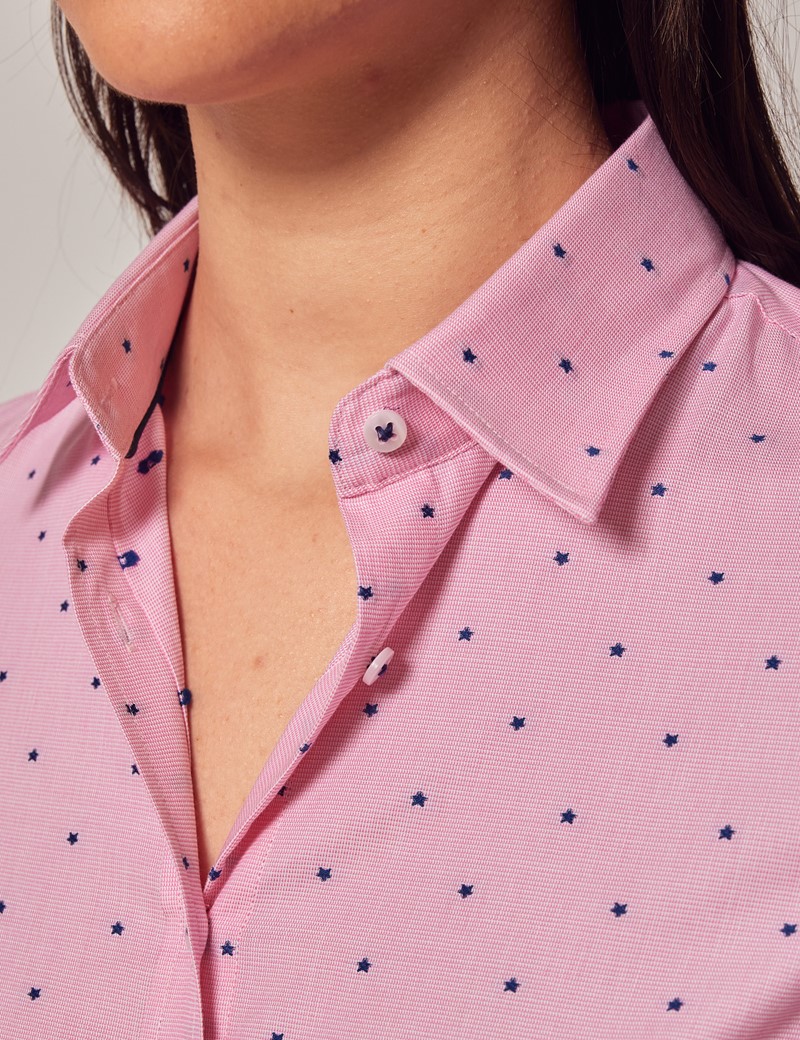 Women's Pink & Navy Star Dobby Semi-Fitted Cotton Shirt