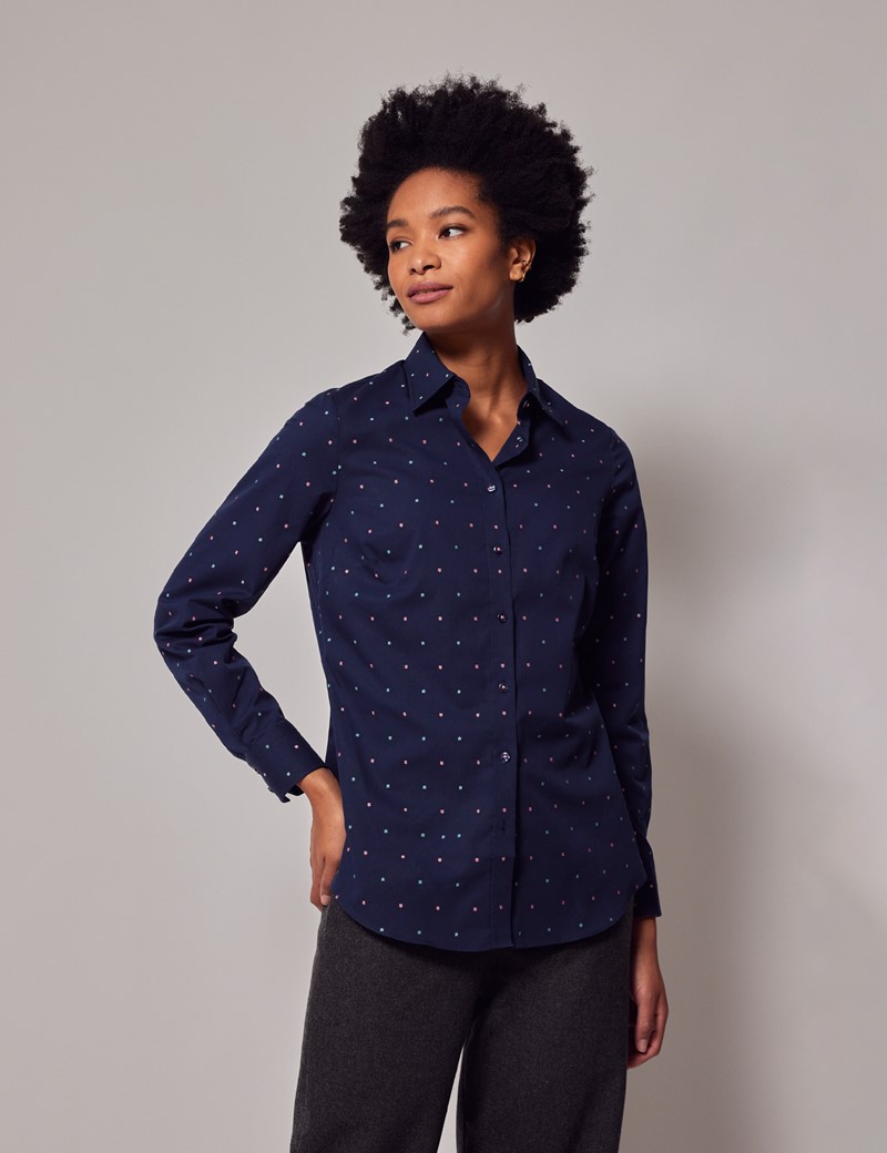 Women's Navy Dobby Floral Semi-Fitted Cotton Shirt | Hawes & Curtis