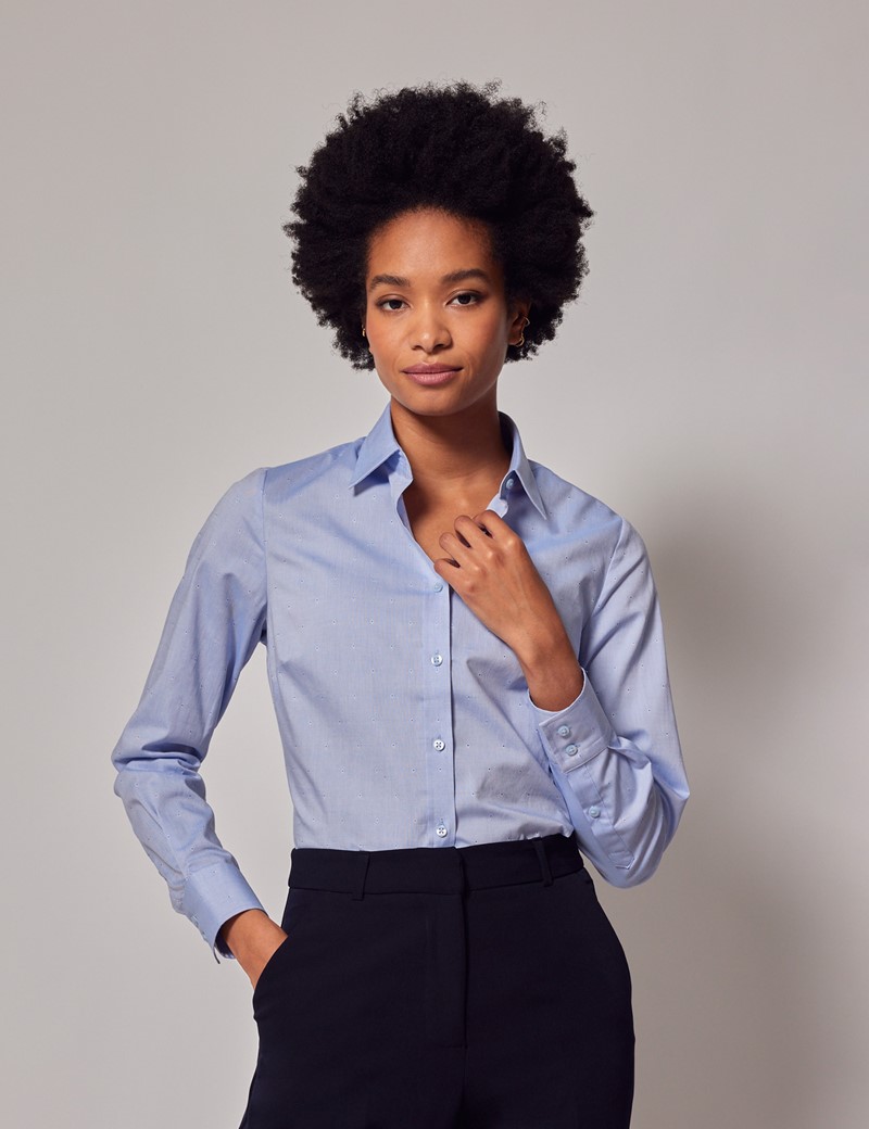 Women's Blue Dobby Diamonds Semi-Fitted Cotton Shirt | Hawes & Curtis