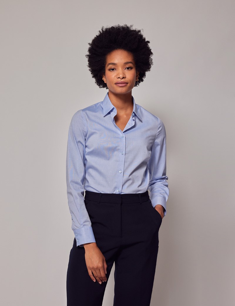 Women's Blue Dobby Diamonds Semi-Fitted Cotton Shirt | Hawes & Curtis