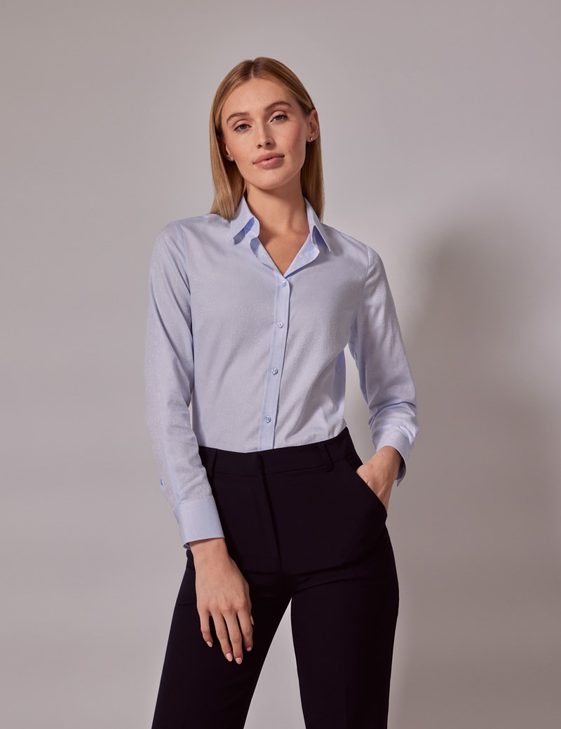 Women's Blue Jacquard Paisley Semi-Fitted Cotton Shirt | Hawes & Curtis