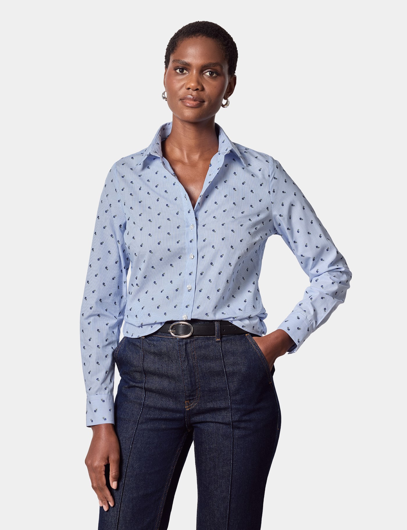 & Semi Fitted Blue & Floral Dobby Shirt
