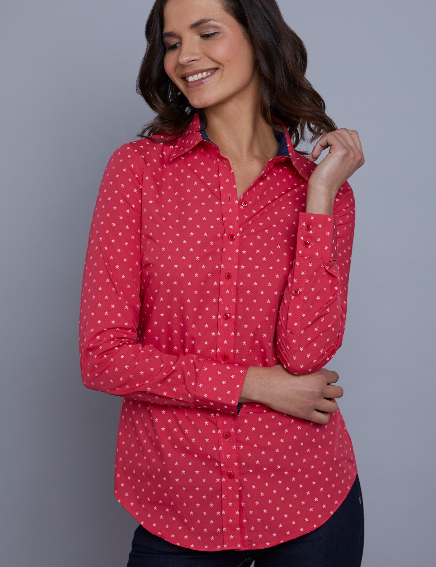 Women's Pink & White Dobby Star Print Semi Fitted Shirt - Single Cuff | Hawes and Curtis