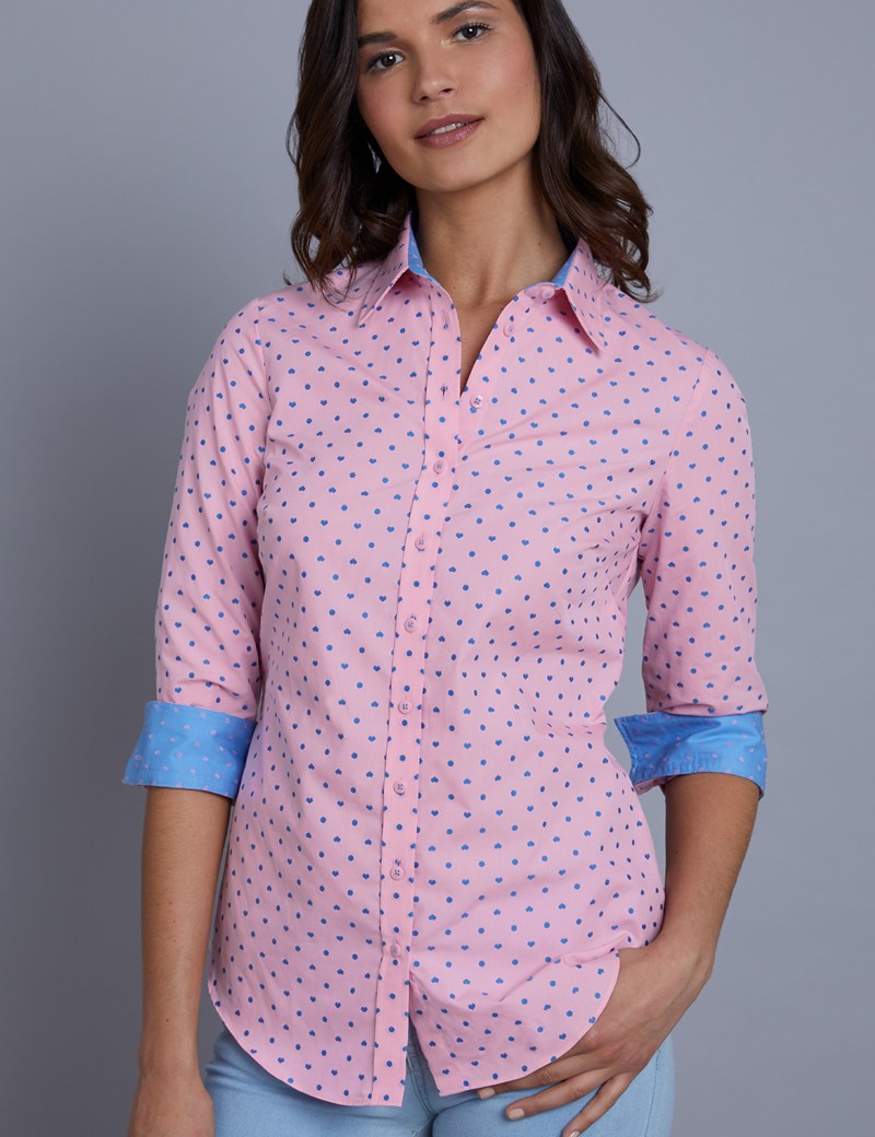 Women's Pink & Blue Hearts Print Semi Fitted Shirt - Single Cuff ...