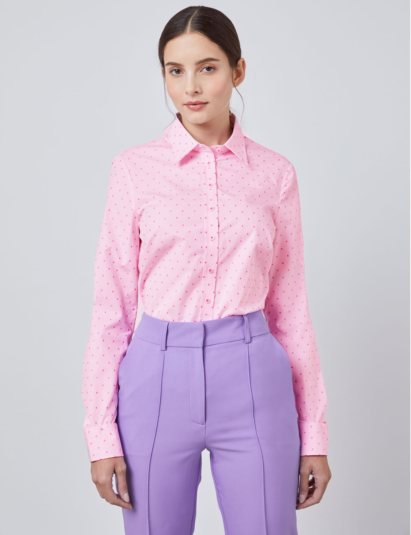 Women's Light Pink & Fuchsia Spot Semi Fitted Shirt - Single Cuff