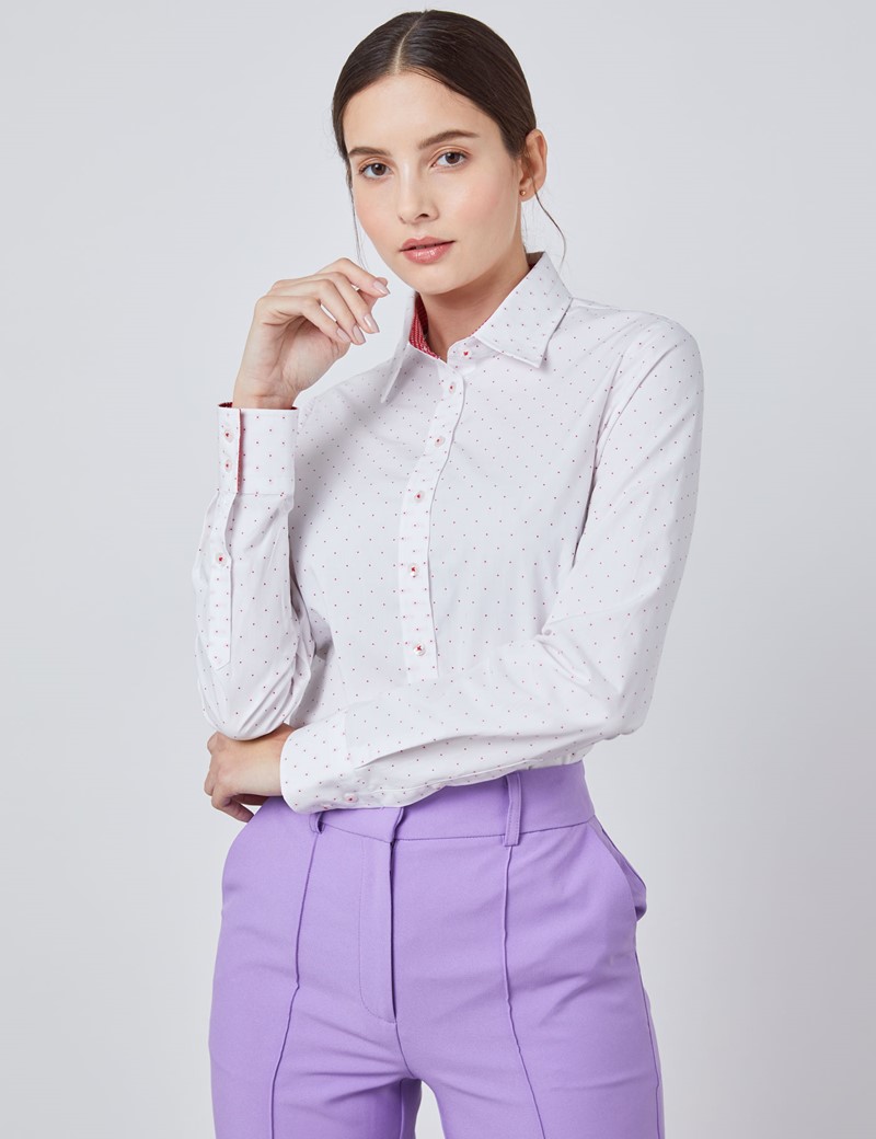 Women's White & Red Dobby Spot Semi Fitted Shirt - Single Cuff | Hawes ...