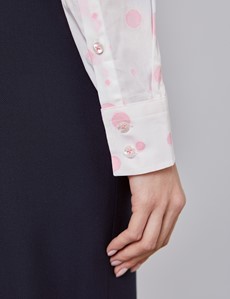 Women's White & Pink Dobby Spots Semi Fitted Shirt - Single Cuff