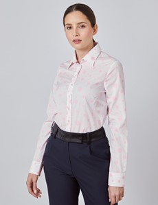 Women's White & Pink Dobby Spots Semi Fitted Shirt - Single Cuff