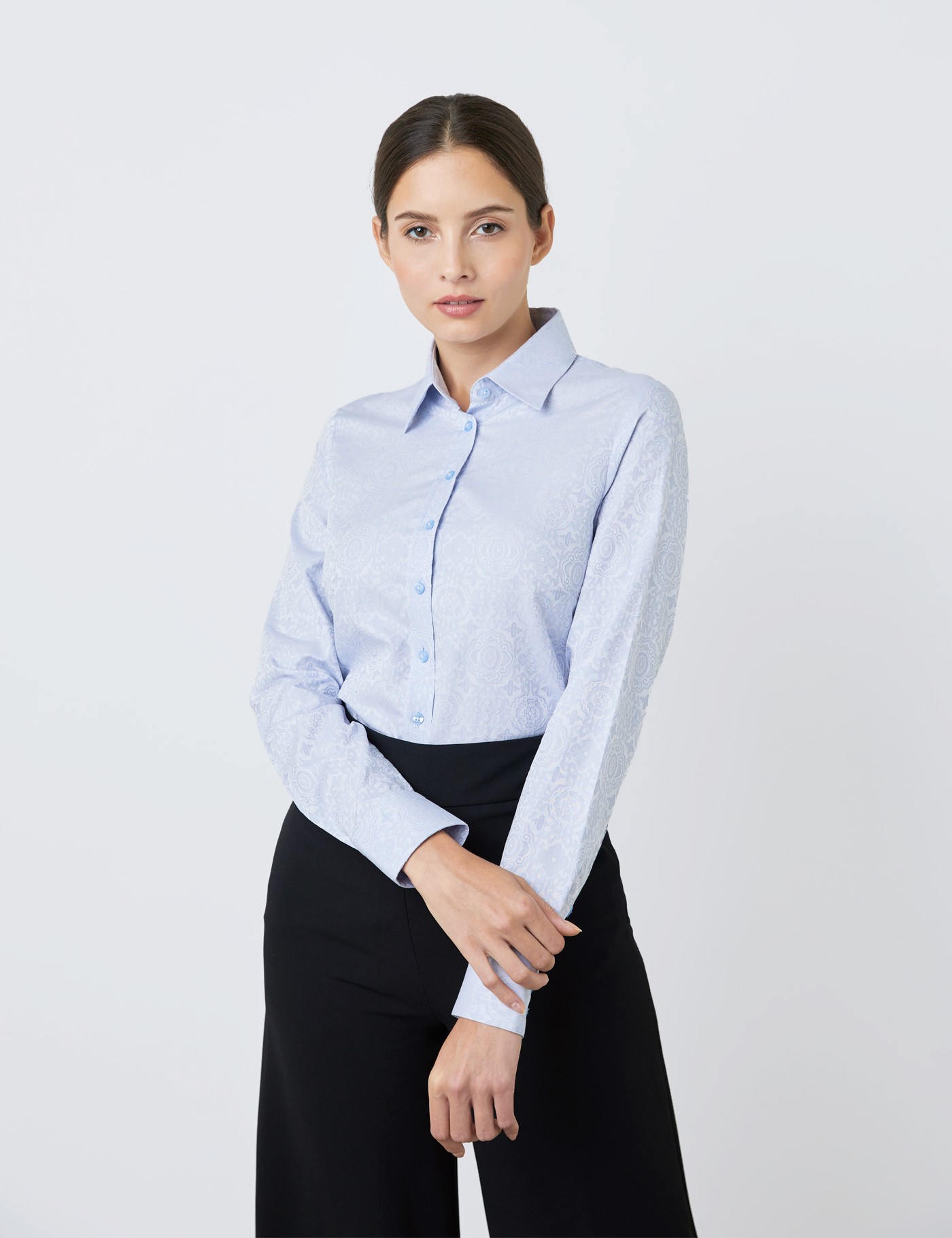 Image of Hawes & Curtis Women's Self Design Print Semi-Fitted Shirt in Light Blue Size  Single Cuff