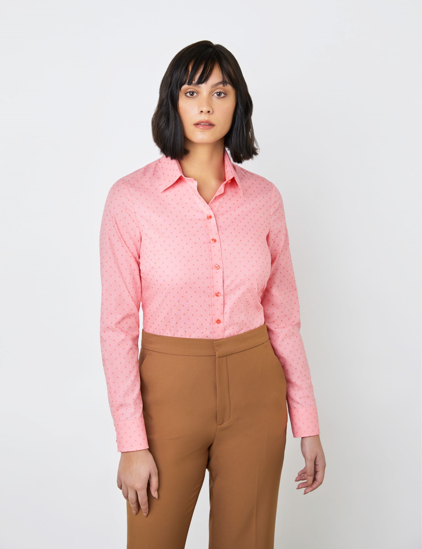 Cotton Dobby Womens Semi Fitted Shirt With Spots Design And Single Cuff In Coral And Pink Hawes 5180