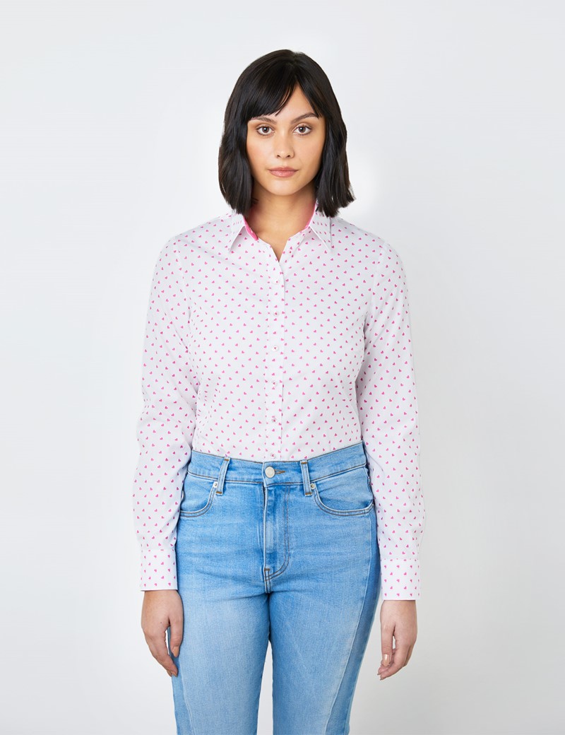 Women's White & Fuchsia Dobby Small Hearts Design Semi Fitted Shirt - Single Cuff