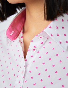 Women's White & Fuchsia Dobby Small Hearts Design Semi Fitted Shirt - Single Cuff