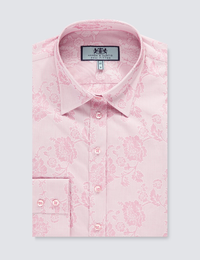 Women's Pink & Light Pink Floral Jacquard Design Semi Fitted Shirt - Single Cuff