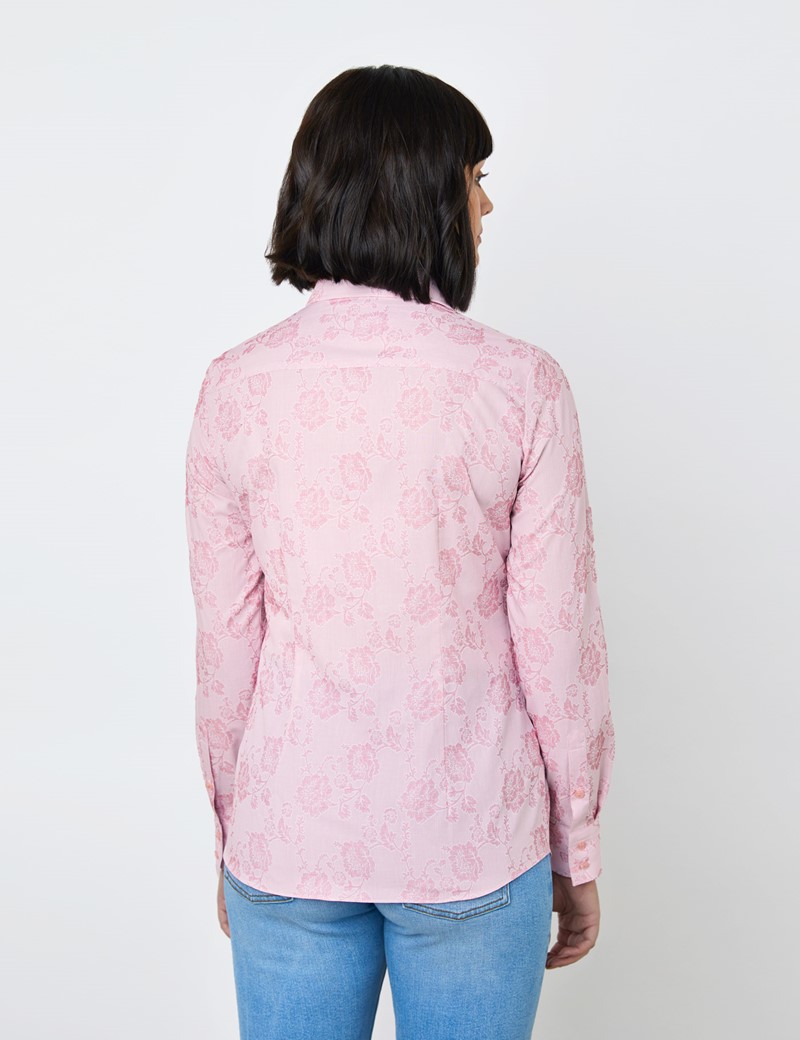 Women's Pink & Light Pink Floral Jacquard Design Semi Fitted Shirt - Single Cuff
