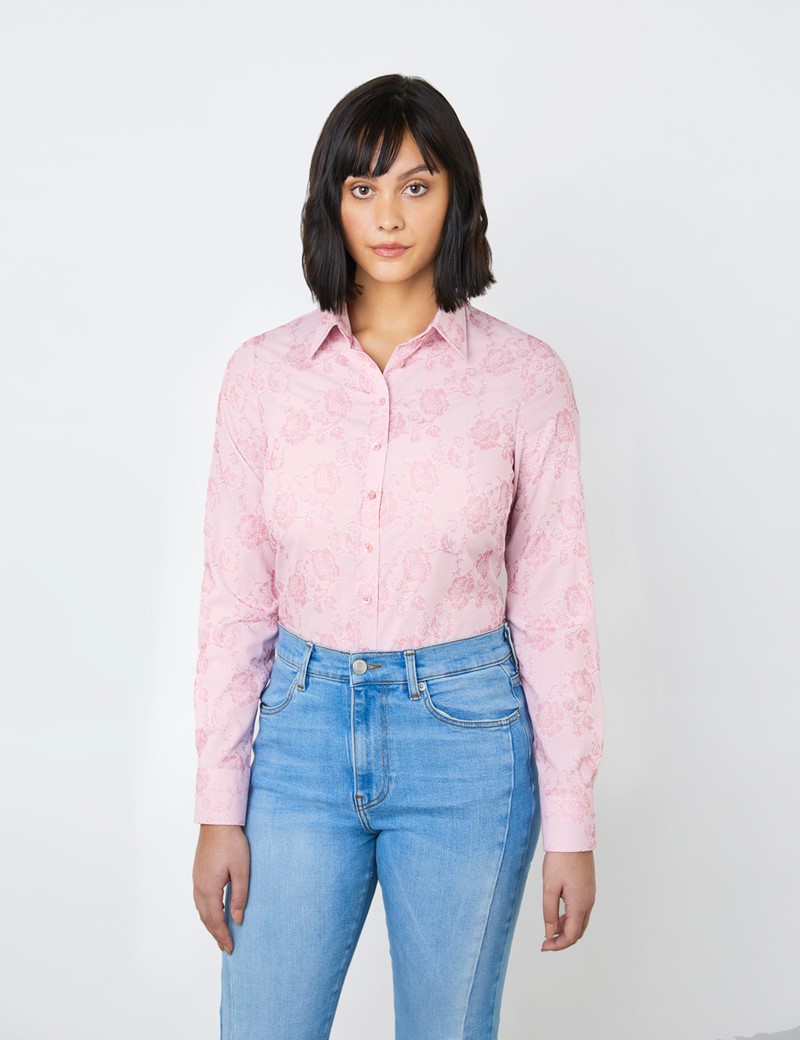 Women's Pink & Light Pink Floral Jacquard Design Semi Fitted Shirt - Single Cuff